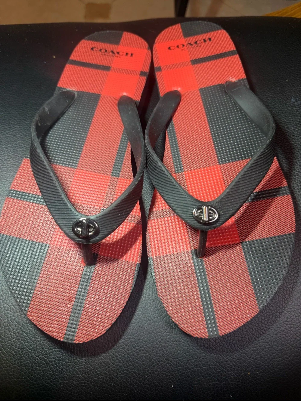 Coach Red Plaid Flip Flops Sz 7/8